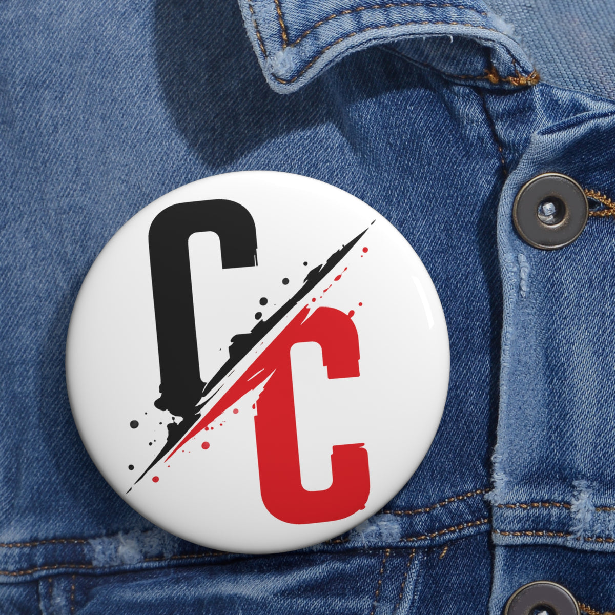 Pin Button — Split CC Logo Metal Badge (Black & Red)