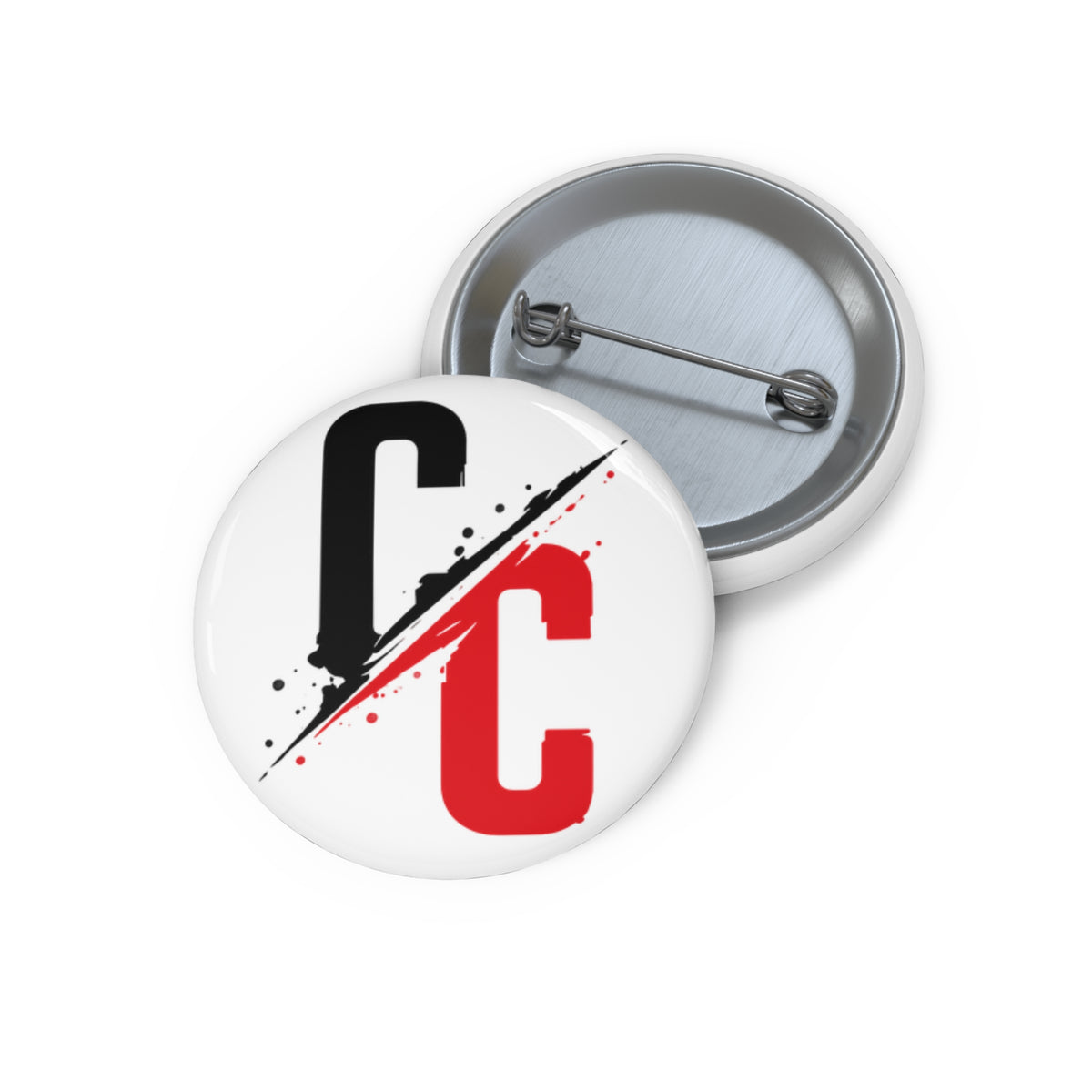 Pin Button — Split CC Logo Metal Badge (Black & Red)
