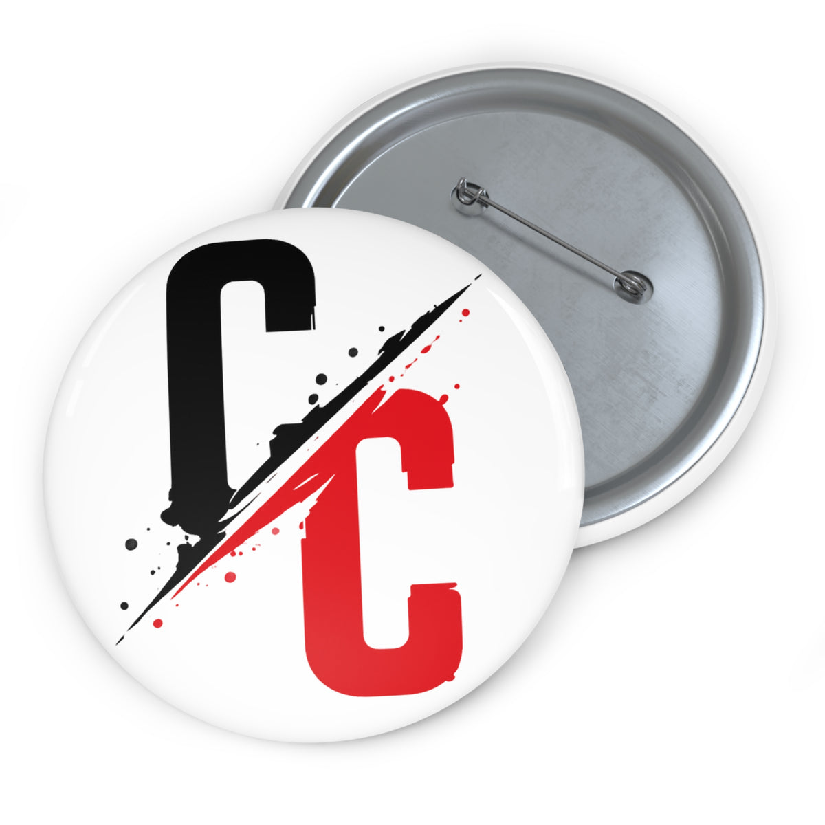 Pin Button — Split CC Logo Metal Badge (Black & Red)