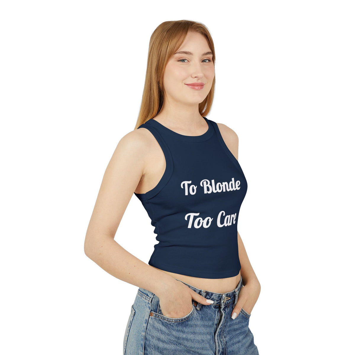 Racer Tank — "To Blonde Too Care" Graphic Cropped Tank Top