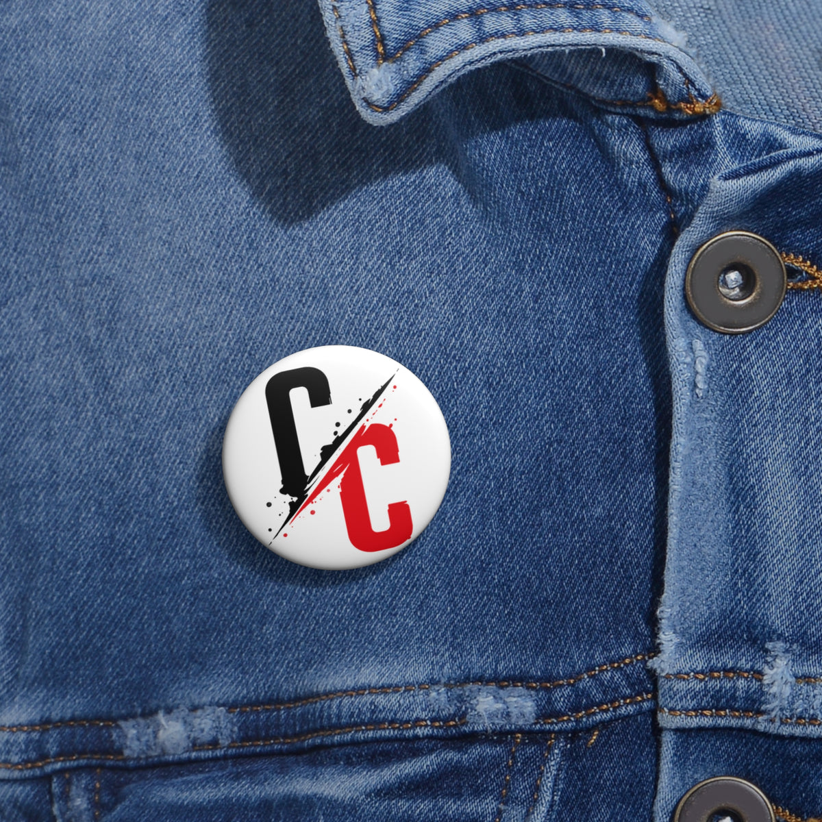 Pin Button — Split CC Logo Metal Badge (Black & Red)