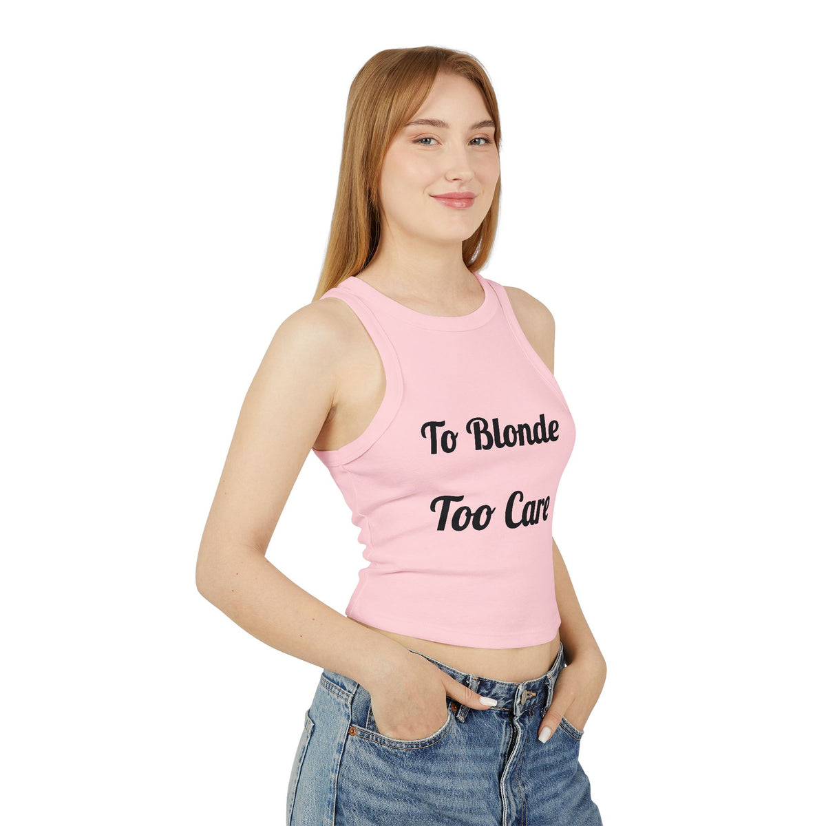 Racer Tank — "To Blonde Too Care" Graphic Cropped Tank Top