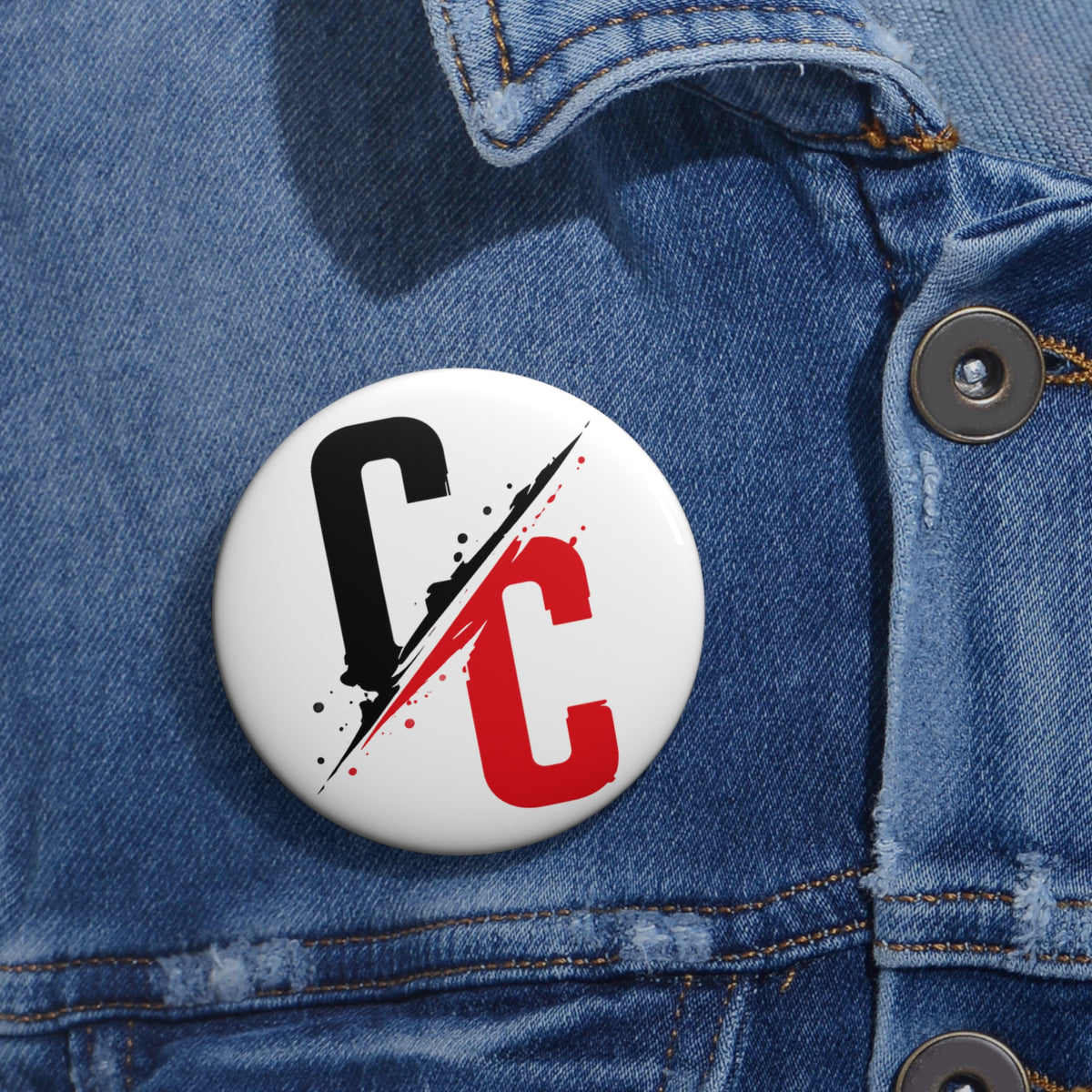 Pin Button — Split CC Logo Metal Badge (Black & Red)