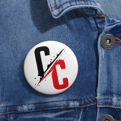 Pin Button — Split CC Logo Metal Badge (Black & Red)
